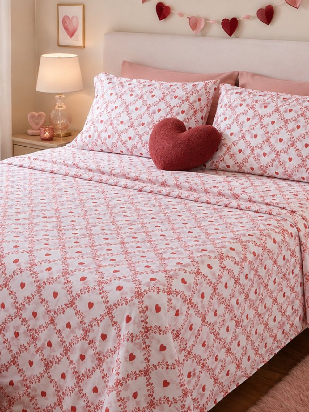 NWT - Envogue Queen Sheet Set with Storage Bag - Hearts and Toile - Red & White
